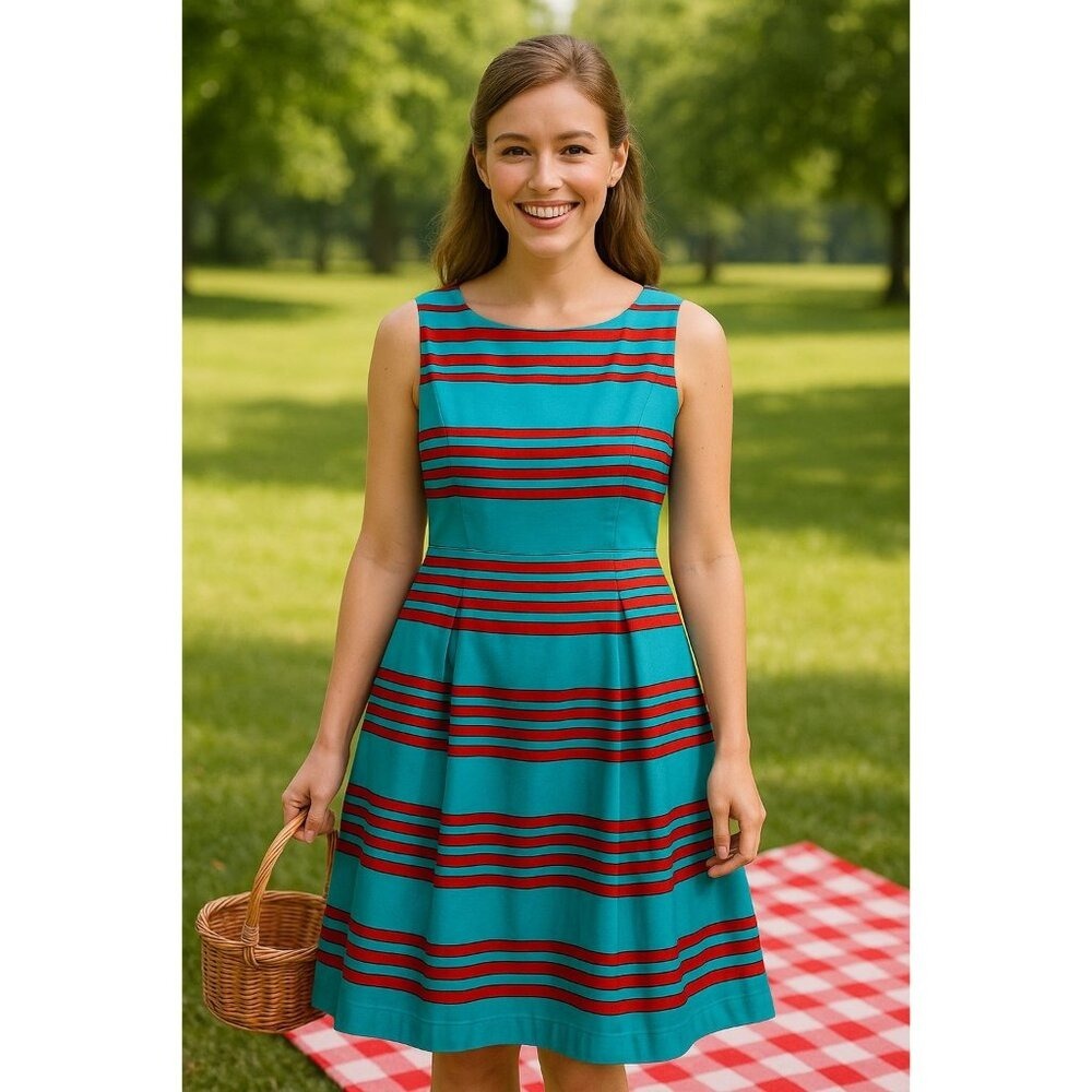 TALBOTS Petites‎ Fit & Flare Dress Sz 12P P Teal Blue & Red Striped Preppy Chic